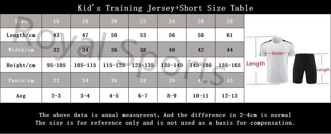 Kid's Training Jersey+Short Size Table