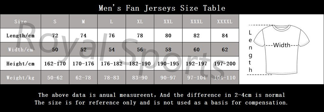 Men's Fan Jerseys Size Table