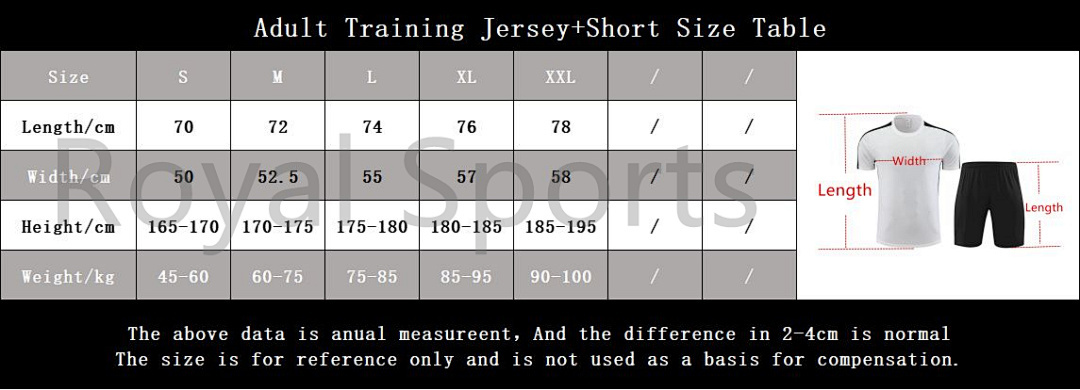 Adult Training Jersey+Short Size Table