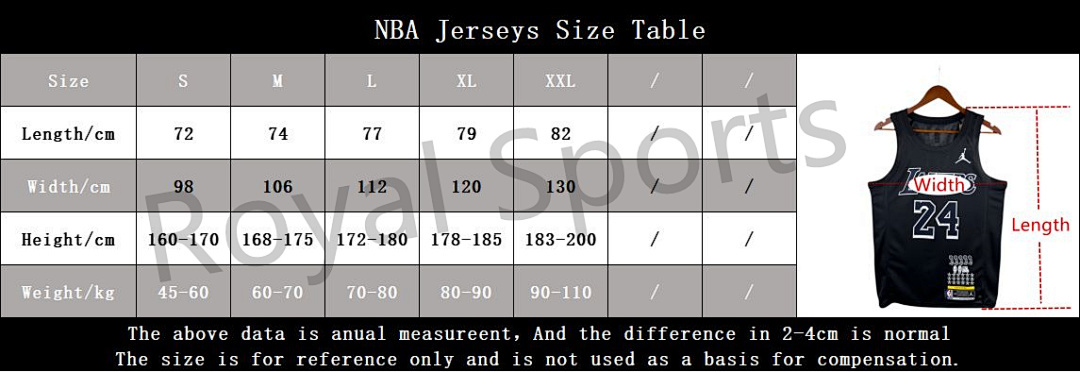 NBA Jerseys Size Table