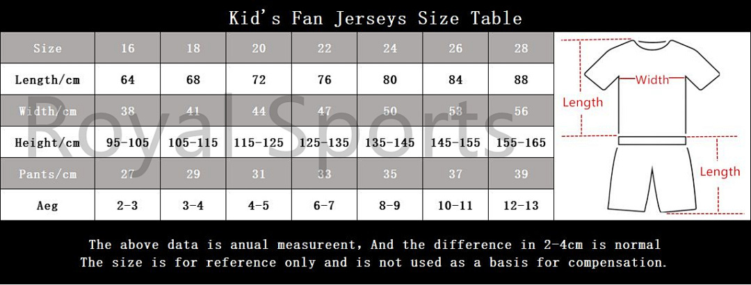 Kid's Fan Jerseys Size Table