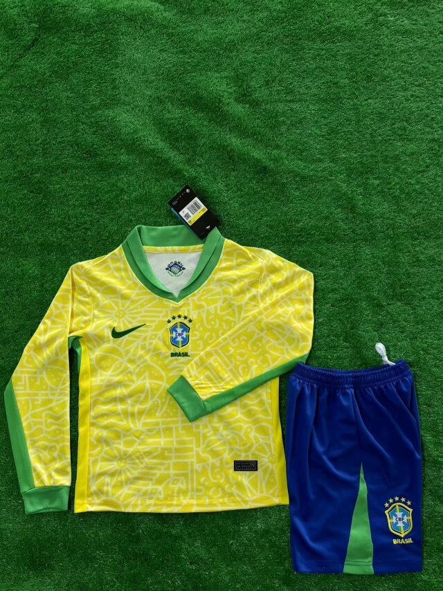 2024 Brazil Home Kids Long Sleeve Soccer Jerseys Yupoo