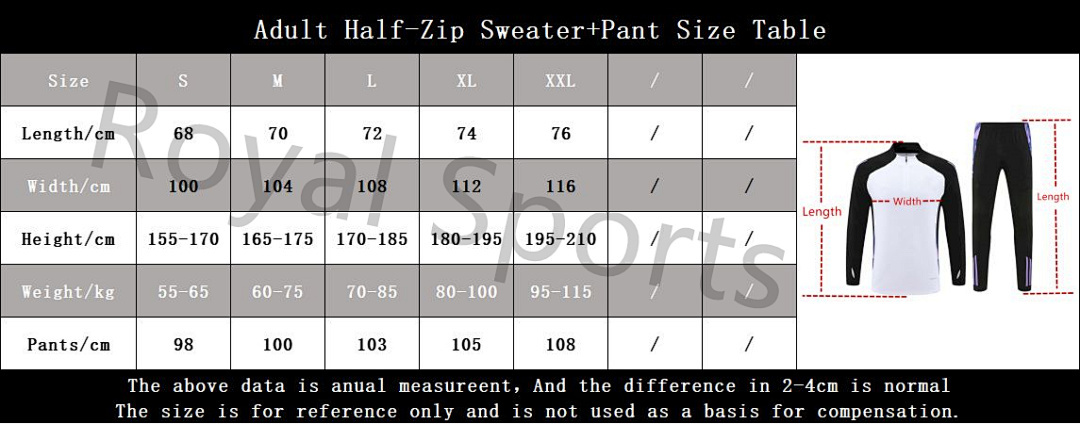 Adult Half-Zip Sweater+Pant Size Table