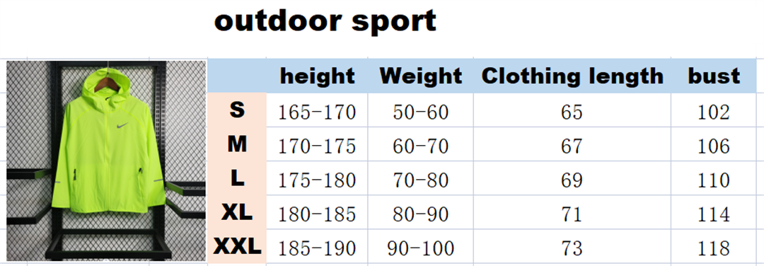 Windbreaker Size Chart