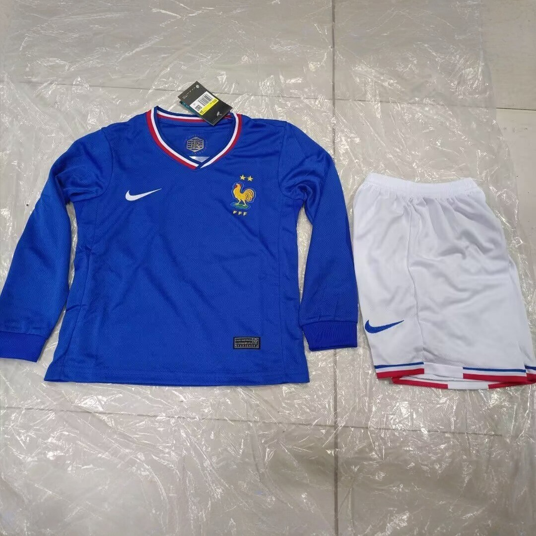 2024 France Home Kid Kits UEFA Euro Long Sleeve Youth Apparels Soccer Jerseys Yupoo