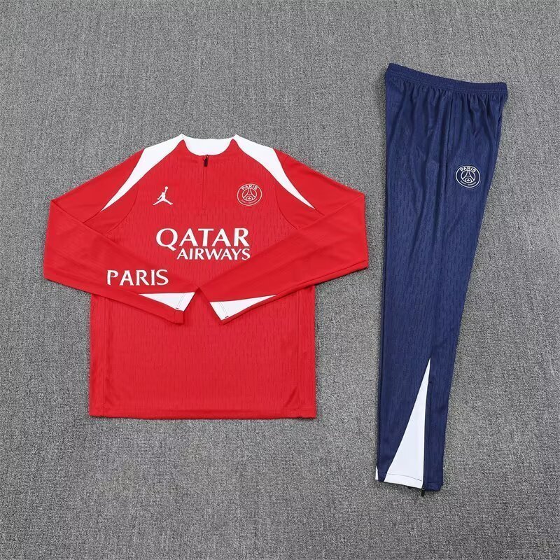 25-26 PSG Red Training Kits Long Half-Zip Football Player Version Tracksuits 1