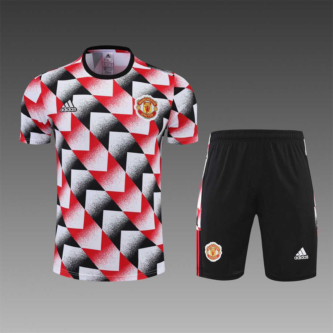 22-23 Manchester United training suit short sleeve kit red black and white color matching 15