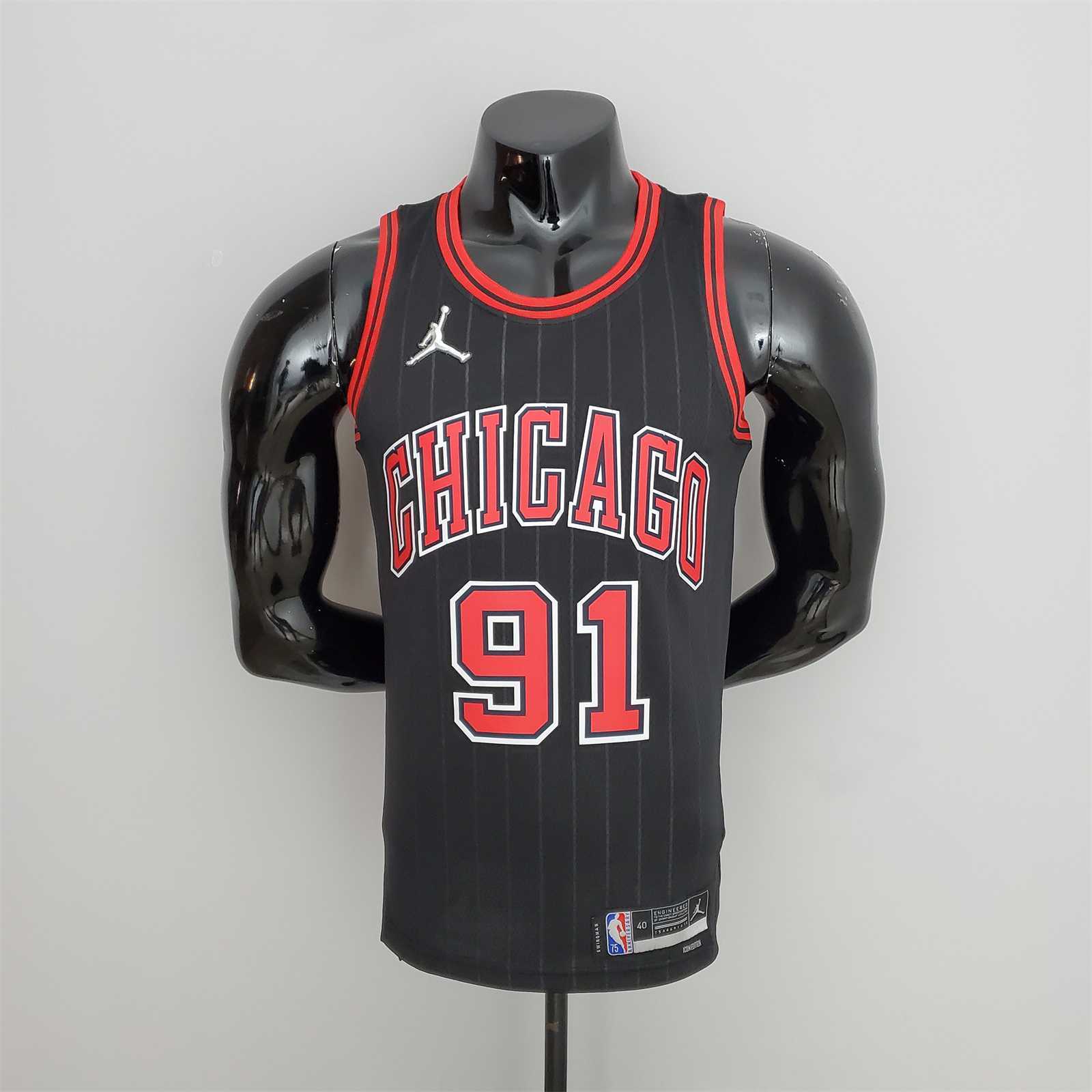 75th Anniversary Rodman#91 Bulls Flyers Black NBA Jersey