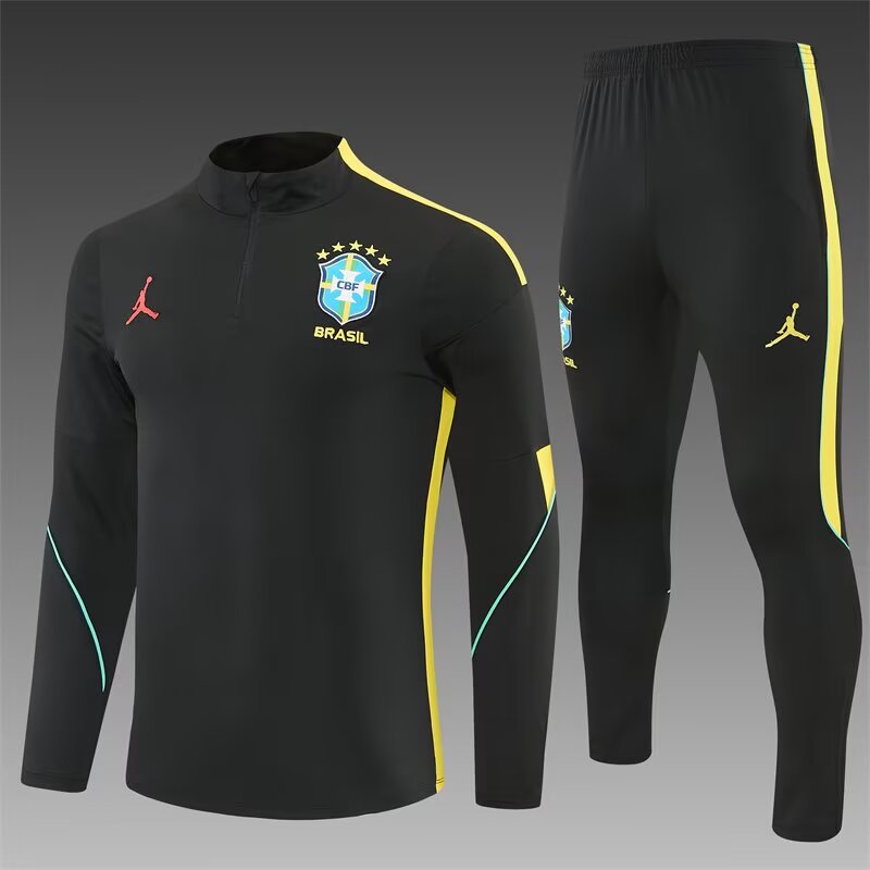 2026 Jordan Brazil Mens Black with Yellow Half Pull Training Suit Yupoo 8 2