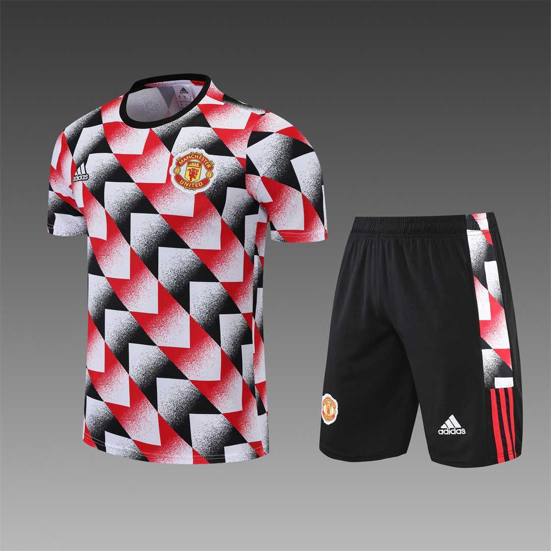 22-23 Manchester United training suit short sleeve kit red black and white color matching