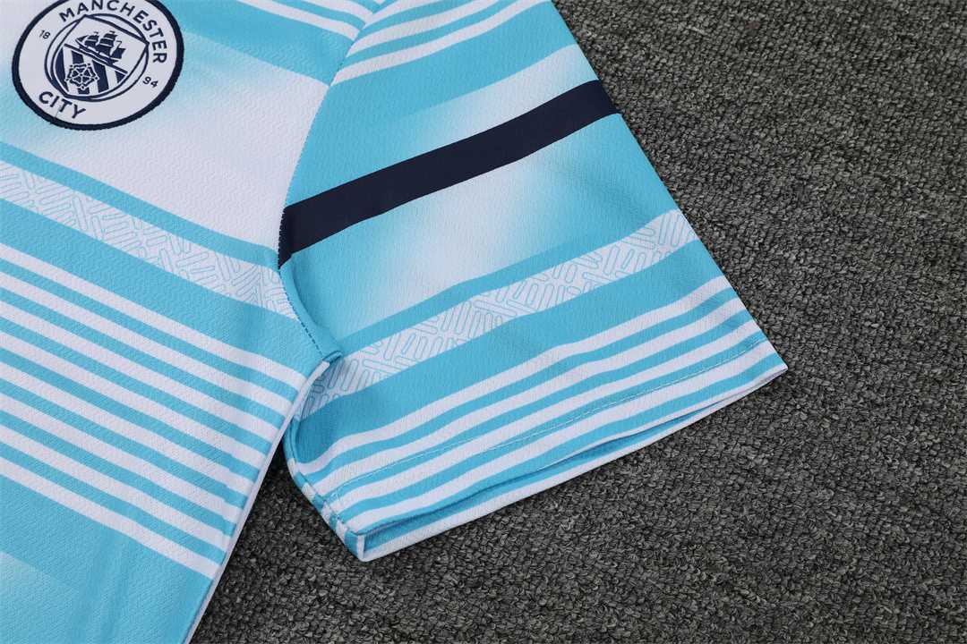22-23 Manchester City Training Wear Short Sleeve Kit White and Blue Colorblock 1