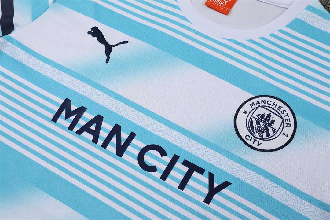 22-23 Manchester City Training Wear Short Sleeve Kit White and Blue Colorblock 12