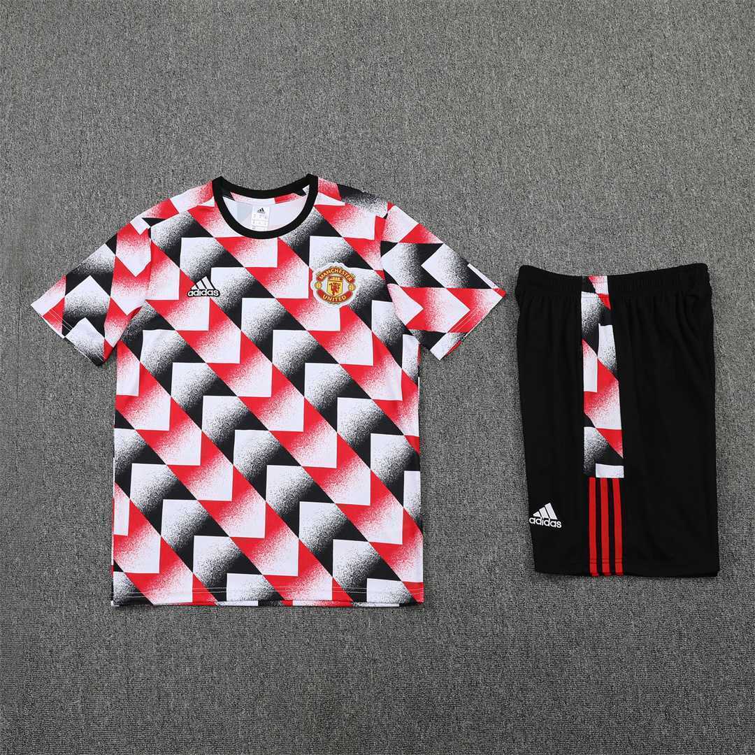 22-23 Manchester United training suit short sleeve kit red black and white color matching 9