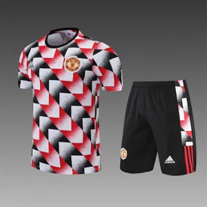 22-23 Manchester United training suit short sleeve kit red black and white color matching