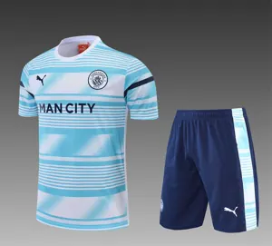 22-23 Manchester City Training Wear Short Sleeve Kit White and Blue Colorblock