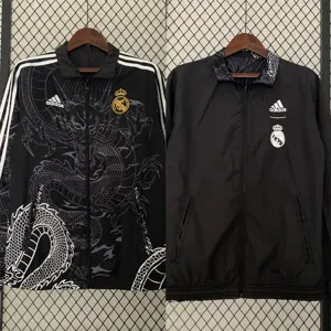 23-24 Real Madrid Trench Coat Reversible Dragon Windbreaker Black